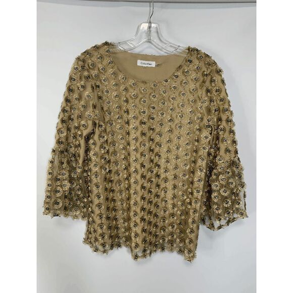 Calvin Klein Womens Blouse Embellished Circle Quarter Sleeve Brown Small - Picture 1 of 10